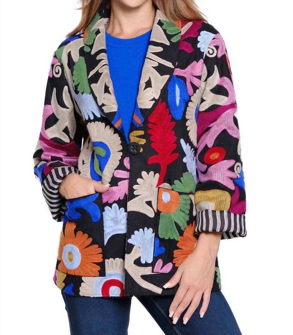 NEW JOHN MARK embroidered oversized pocket blazer in black multi